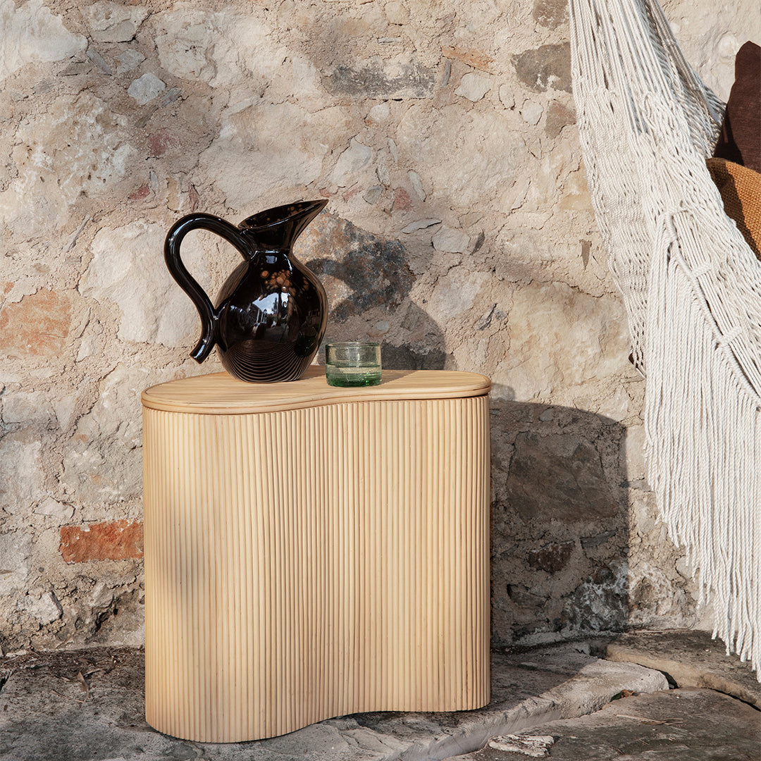 Tavolino Nordic in Rattan Naturale e MDF con Coperchio per Camera da Letto e Camera dei Bambini