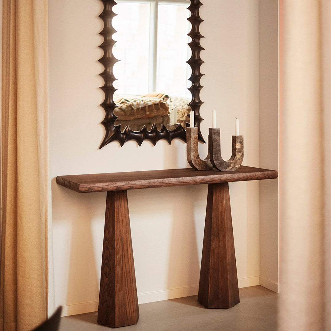 Tavolo Consolle Moderno in Marmo Geometrico e Legno Massello con Base Esagonale per Ingresso