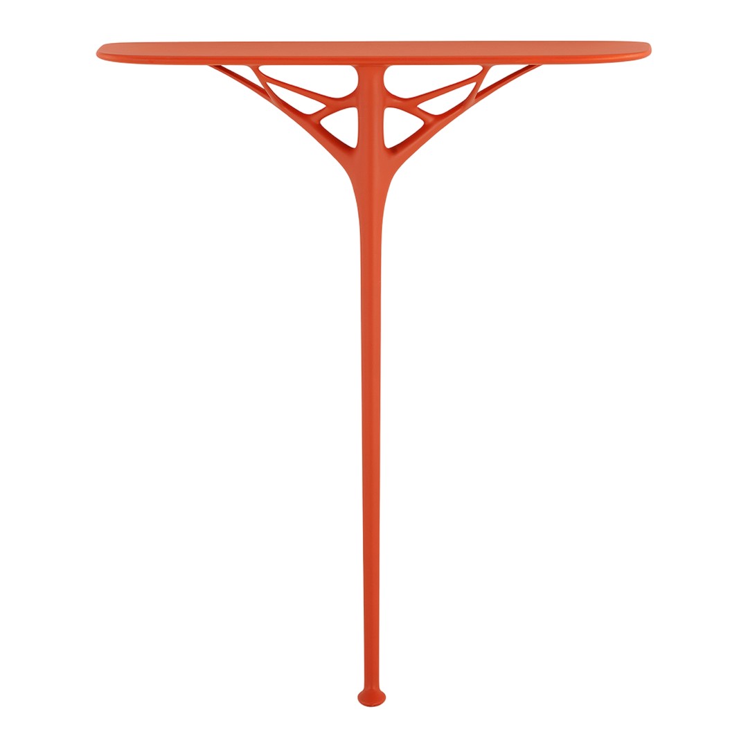 Consolle futuristica minimalista in plastica riciclata con gamba centrale singola per ingresso