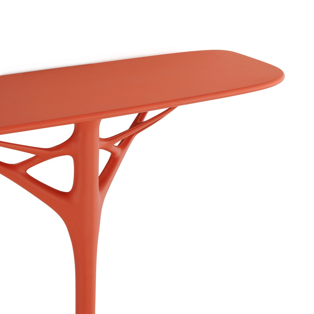 Consolle futuristica minimalista in plastica riciclata con gamba centrale singola per ingresso