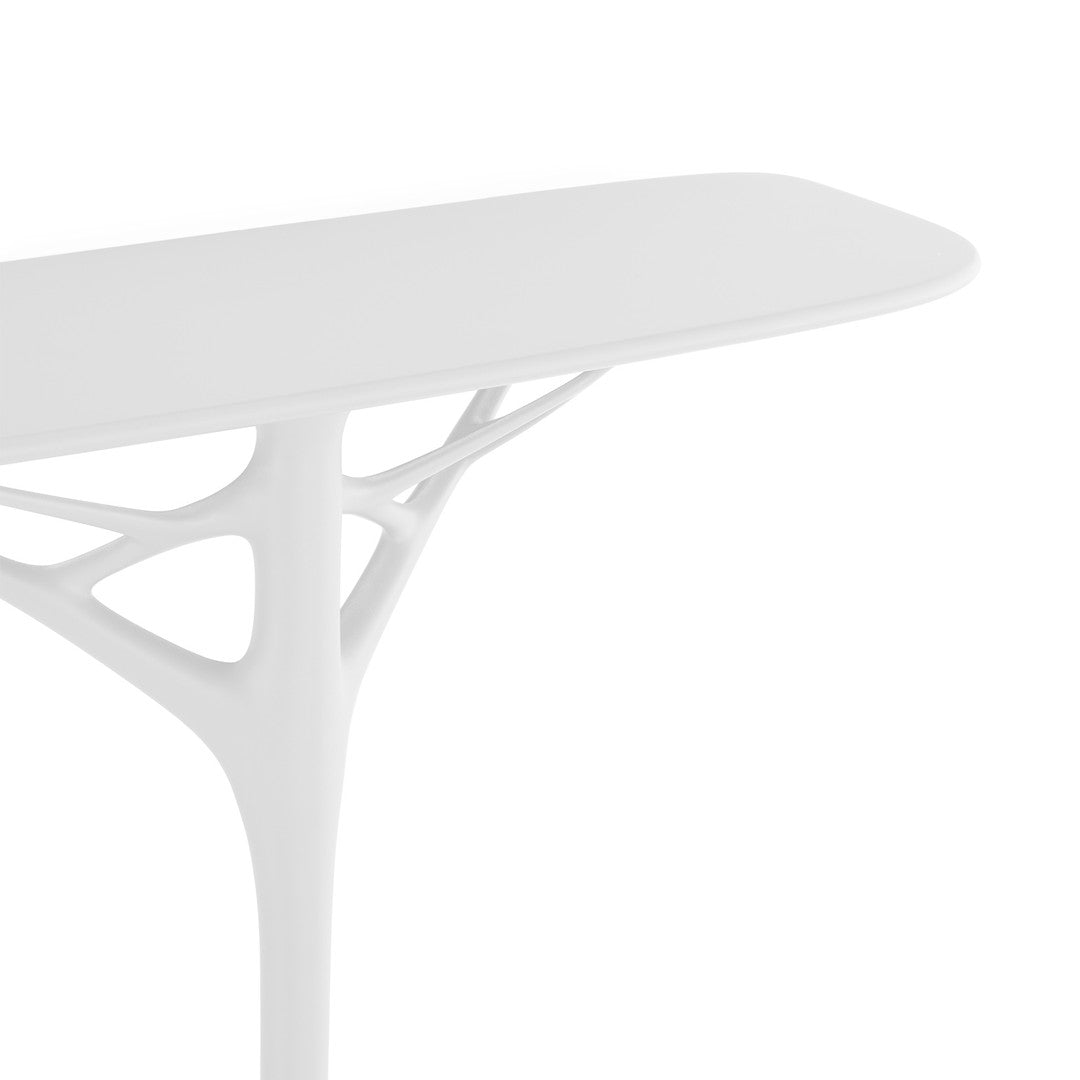 Consolle futuristica minimalista in plastica riciclata con gamba centrale singola per ingresso