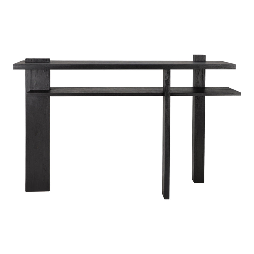 Consolle in teak ispirata al De Stijl con struttura geometrica nera contemporanea per l'ingresso