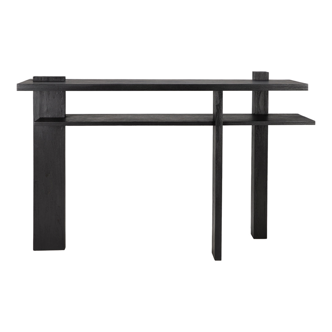 Consolle in teak ispirata al De Stijl con struttura geometrica nera contemporanea per l'ingresso