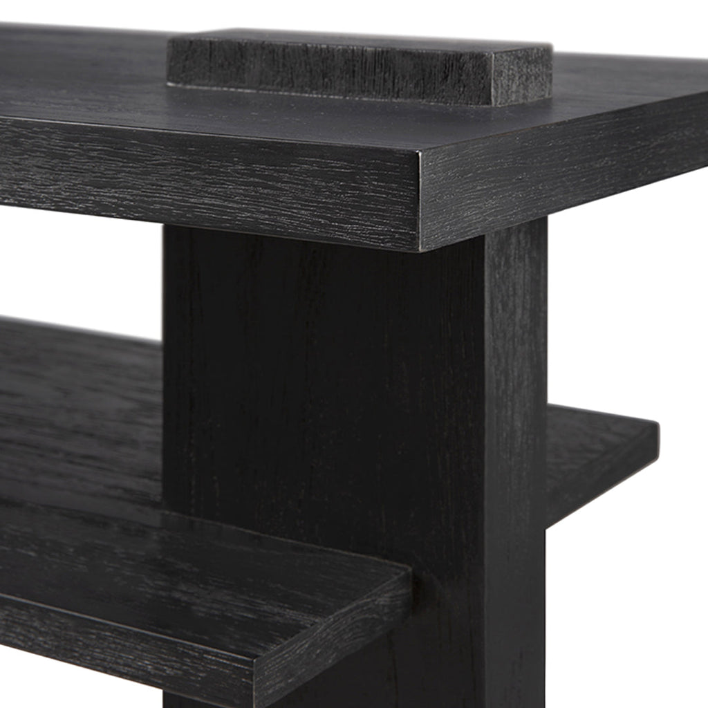 Consolle in teak ispirata al De Stijl con struttura geometrica nera contemporanea per l'ingresso