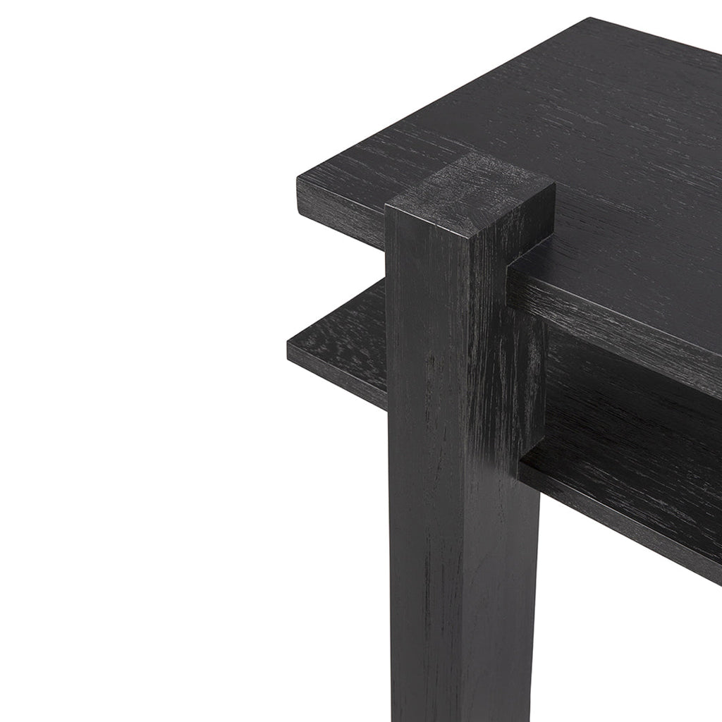 Consolle in teak ispirata al De Stijl con struttura geometrica nera contemporanea per l'ingresso