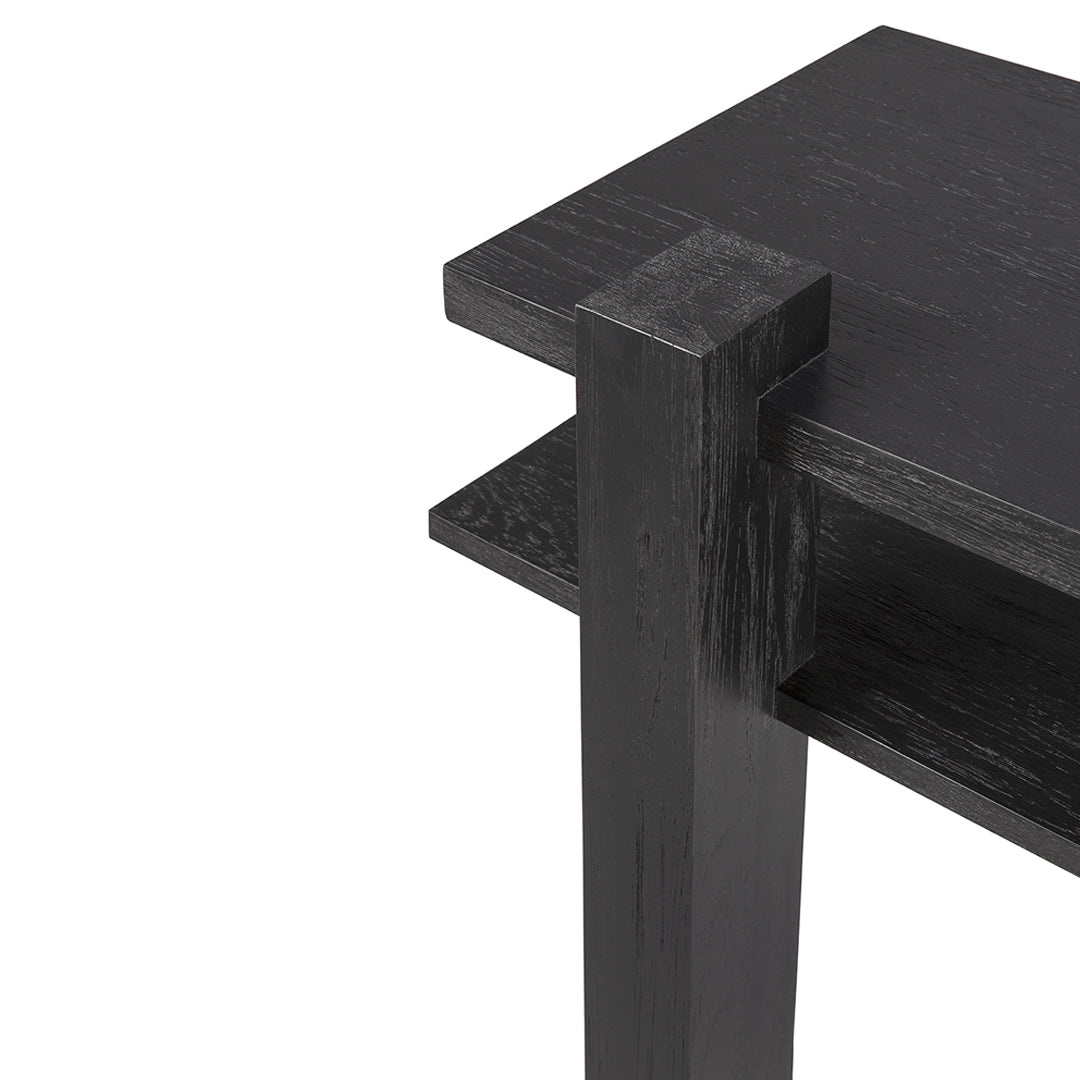 Consolle in teak ispirata al De Stijl con struttura geometrica nera contemporanea per l'ingresso