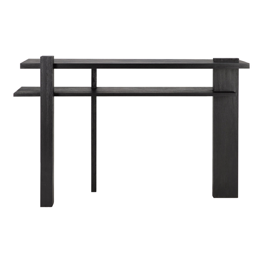 Consolle in teak ispirata al De Stijl con struttura geometrica nera contemporanea per l'ingresso