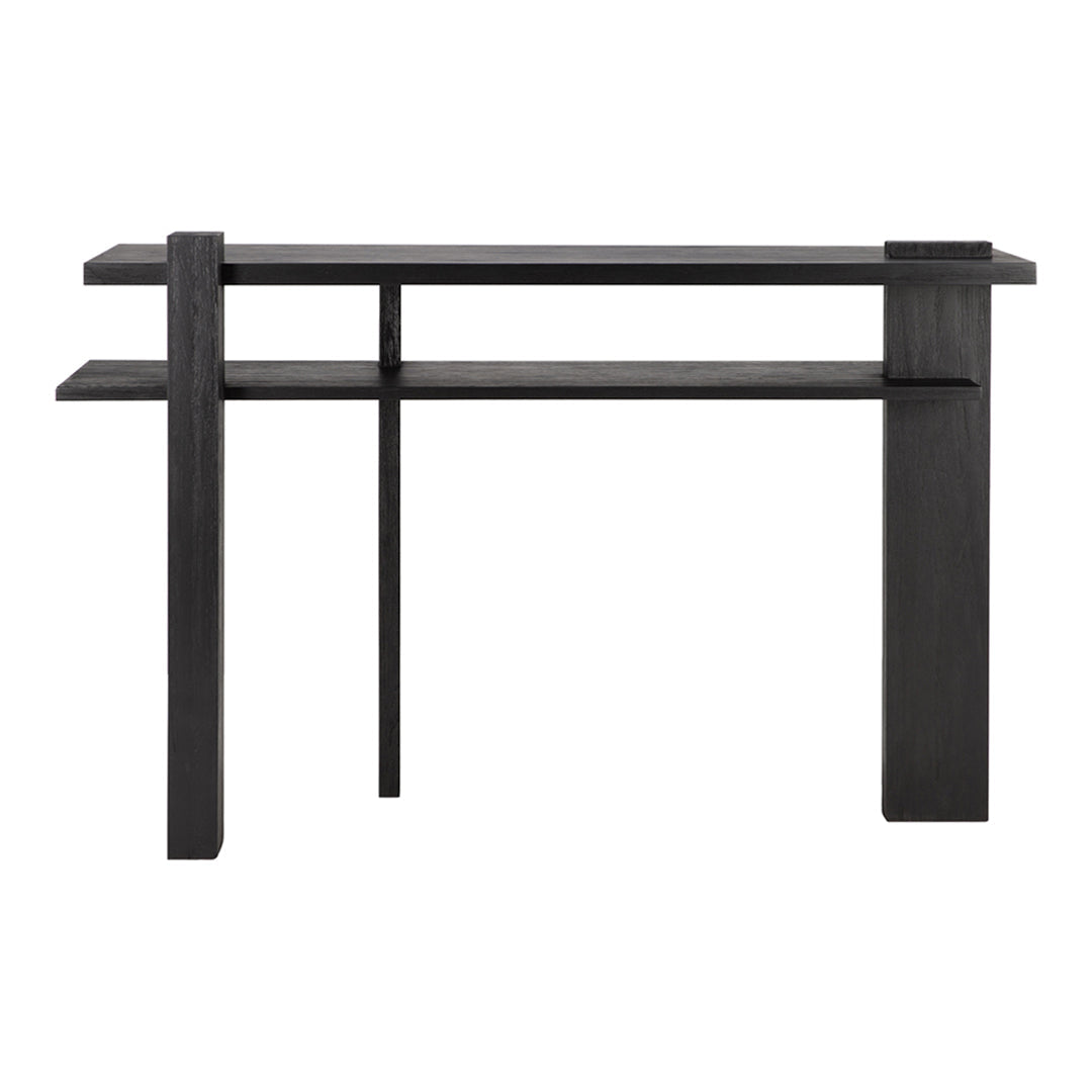 Consolle in teak ispirata al De Stijl con struttura geometrica nera contemporanea per l'ingresso