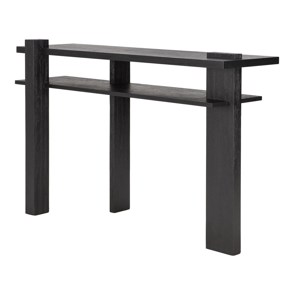 Consolle in teak ispirata al De Stijl con struttura geometrica nera contemporanea per l'ingresso