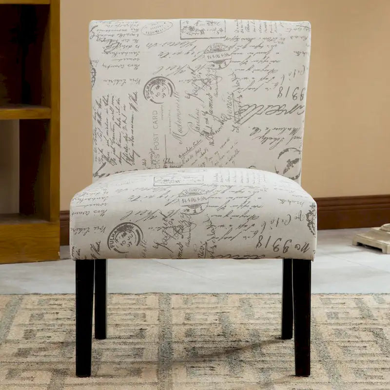 Poltrona accent senza braccioli bianca, tessuto con stampa calligrafica francese, seduta singola