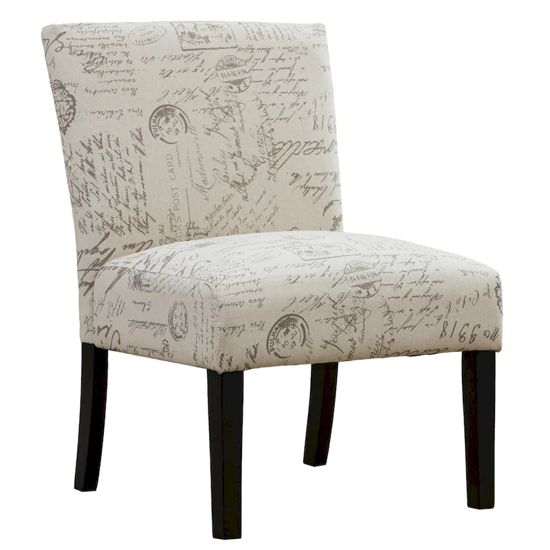 Poltrona accent senza braccioli bianca, tessuto con stampa calligrafica francese, seduta singola