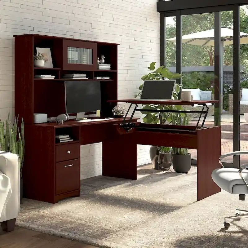 Scrivania angolare regolabile in altezza multicolore con credenza e cassettiera, 1 persona