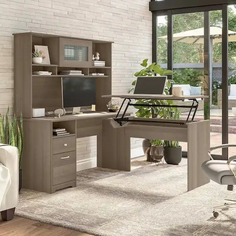 Scrivania angolare regolabile in altezza multicolore con credenza e cassettiera, 1 persona
