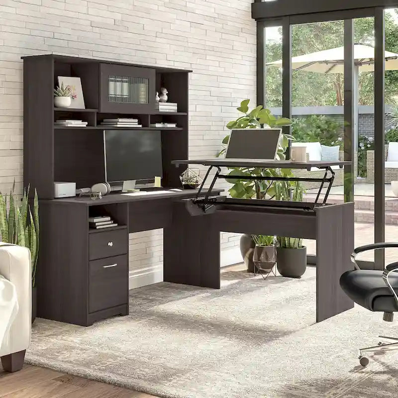 Scrivania angolare regolabile in altezza multicolore con credenza e cassettiera, 1 persona