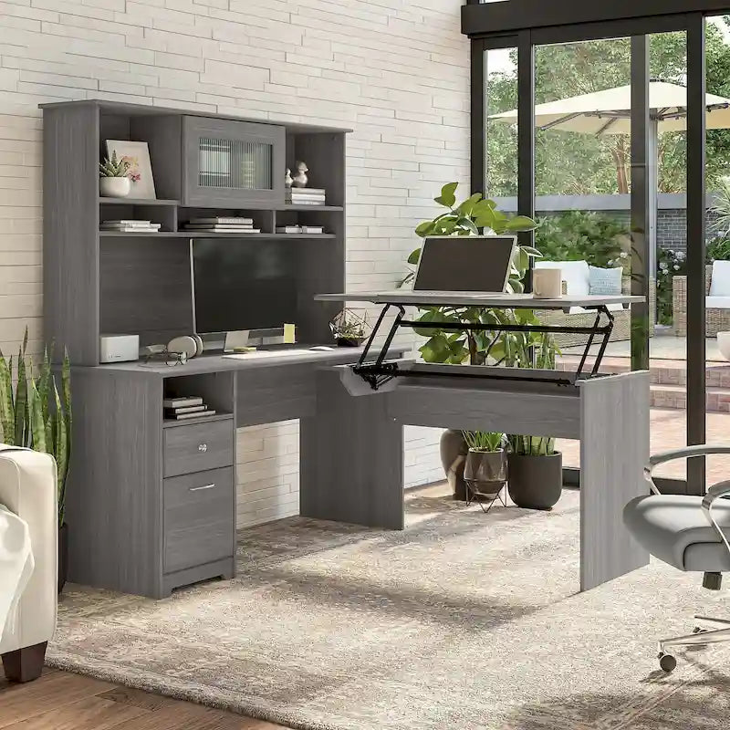 Scrivania angolare regolabile in altezza multicolore con credenza e cassettiera, 1 persona