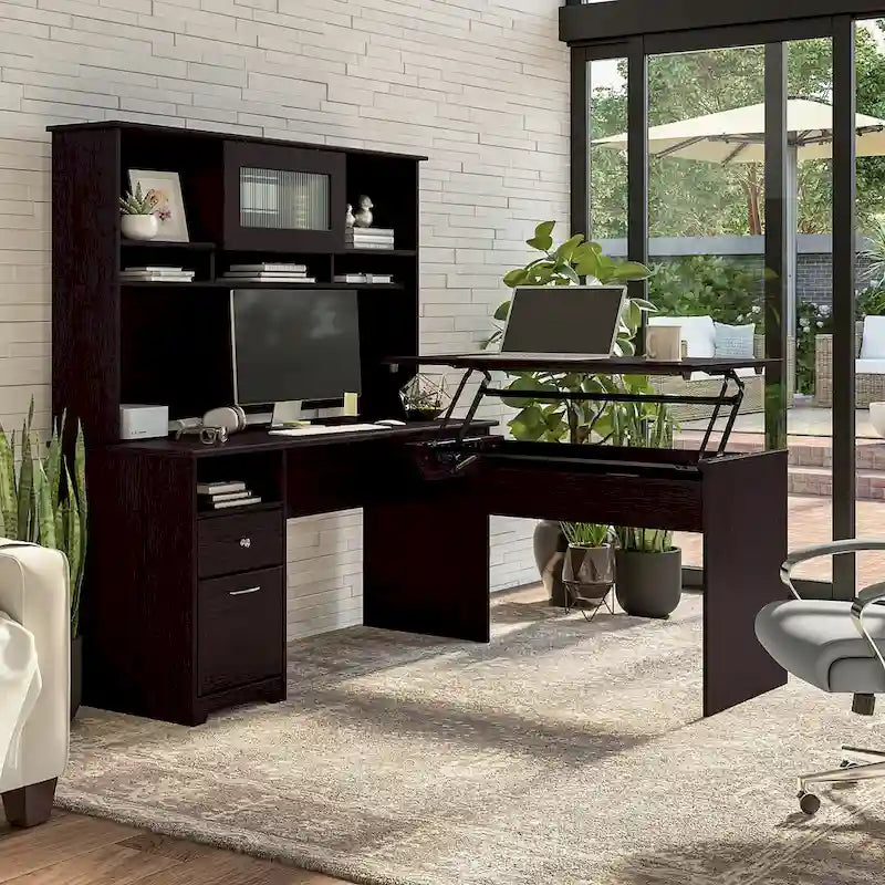Scrivania angolare regolabile in altezza multicolore con credenza e cassettiera, 1 persona