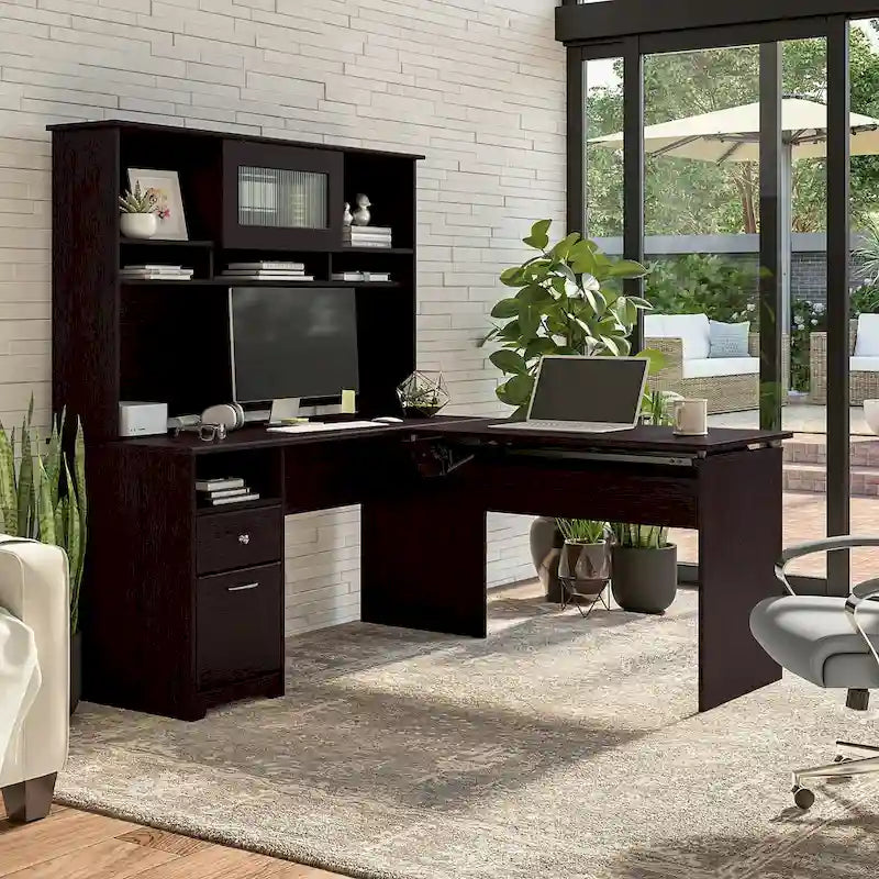 Scrivania angolare regolabile in altezza multicolore con credenza e cassettiera, 1 persona