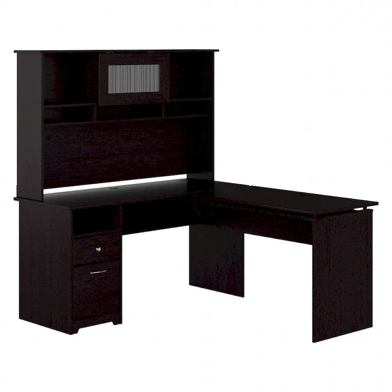 Scrivania angolare regolabile in altezza multicolore con credenza e cassettiera, 1 persona
