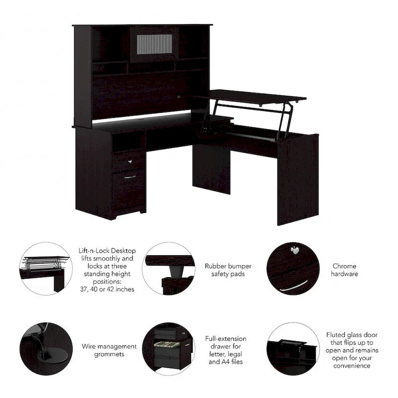Scrivania angolare regolabile in altezza multicolore con credenza e cassettiera, 1 persona