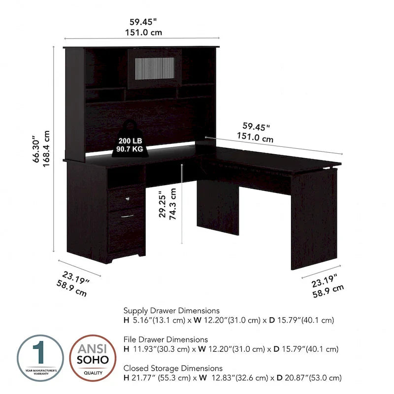 Scrivania angolare regolabile in altezza multicolore con credenza e cassettiera, 1 persona
