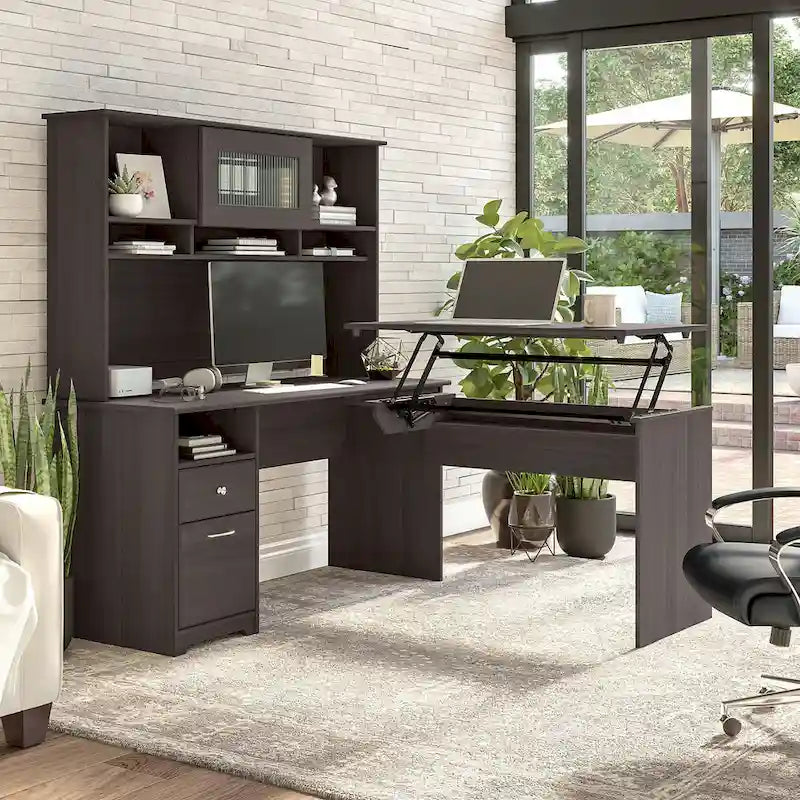 Scrivania angolare regolabile in altezza multicolore con credenza e cassettiera, 1 persona