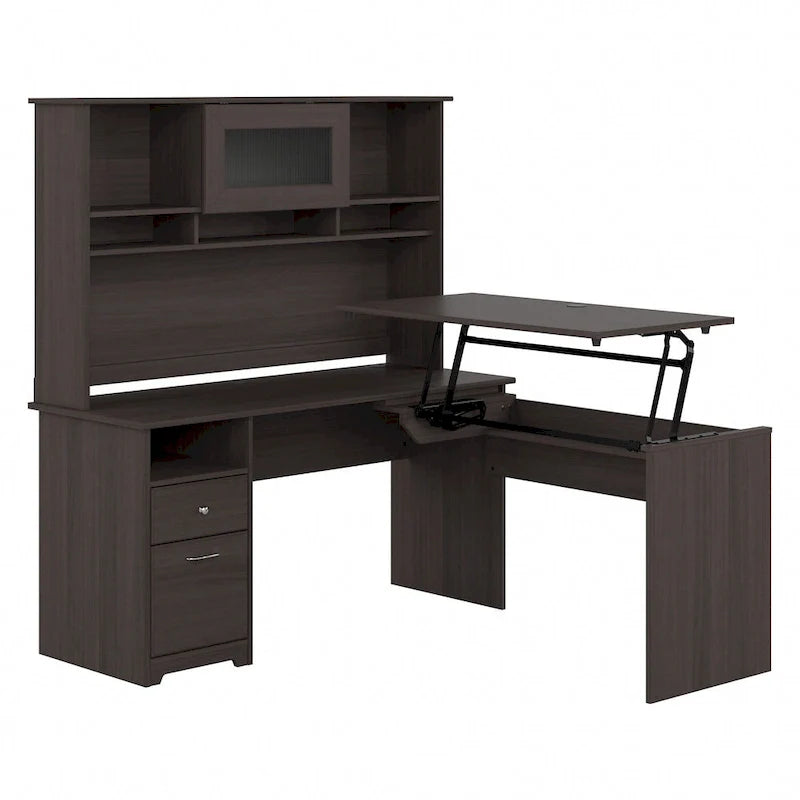 Scrivania angolare regolabile in altezza multicolore con credenza e cassettiera, 1 persona