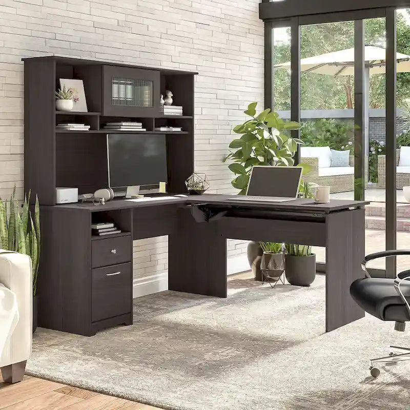 Scrivania angolare regolabile in altezza multicolore con credenza e cassettiera, 1 persona