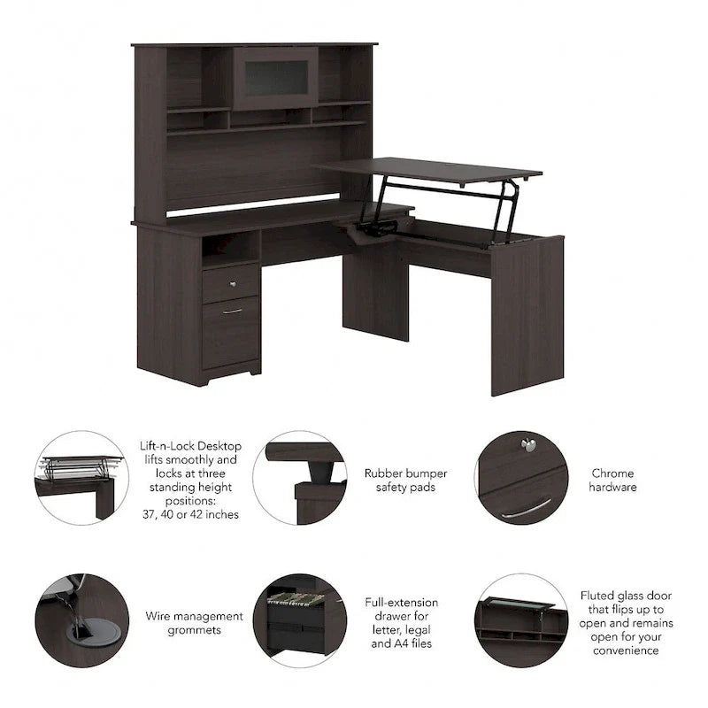 Scrivania angolare regolabile in altezza multicolore con credenza e cassettiera, 1 persona
