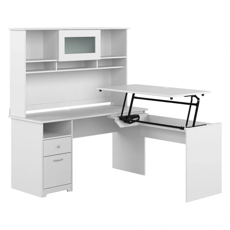 Scrivania angolare regolabile in altezza multicolore con credenza e cassettiera, 1 persona