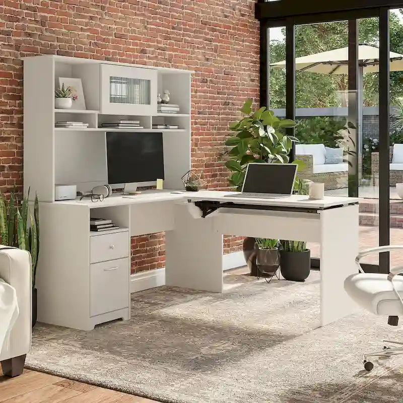 Scrivania angolare regolabile in altezza multicolore con credenza e cassettiera, 1 persona