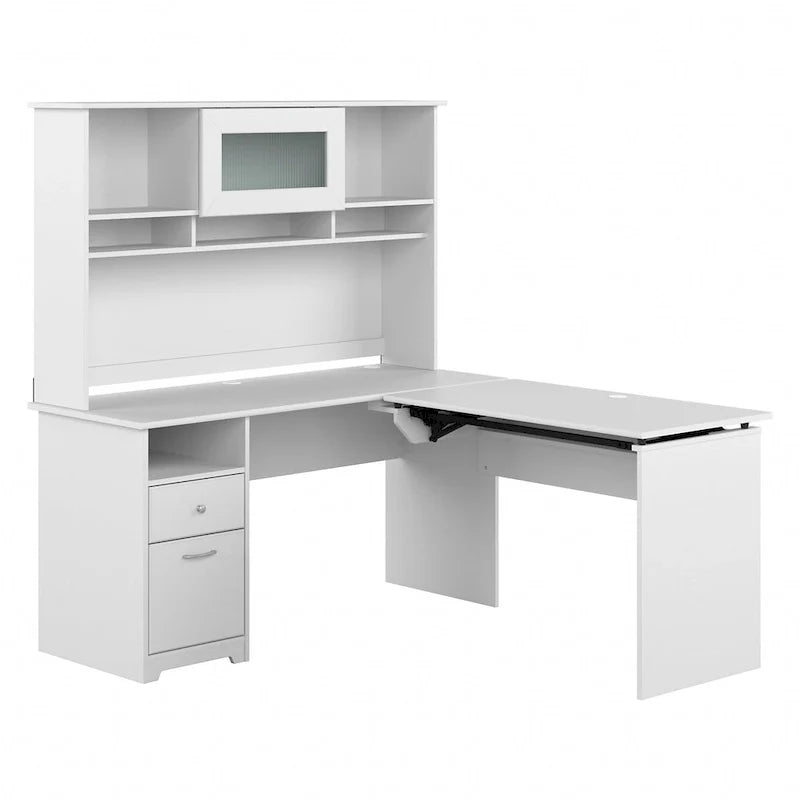 Scrivania angolare regolabile in altezza multicolore con credenza e cassettiera, 1 persona