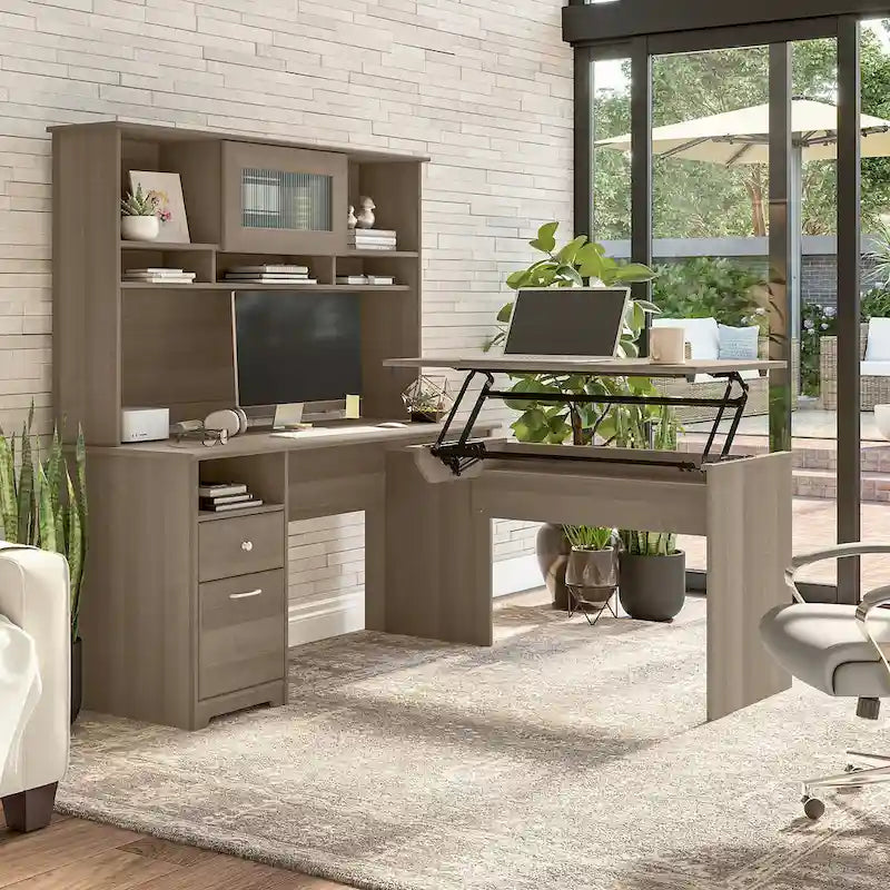 Scrivania angolare regolabile in altezza multicolore con credenza e cassettiera, 1 persona