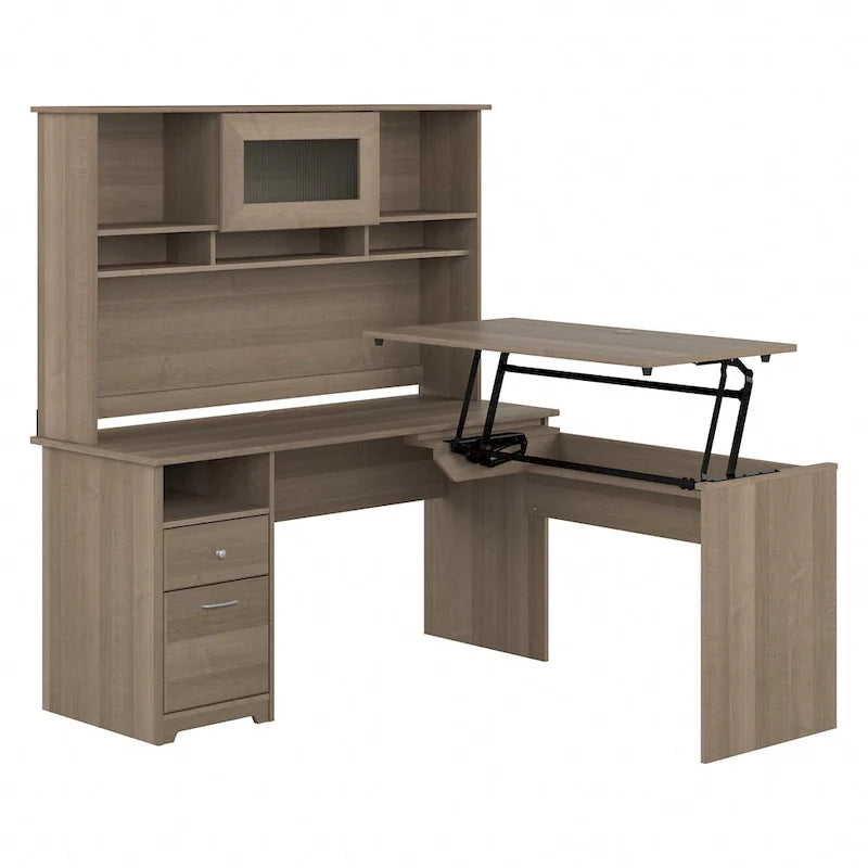 Scrivania angolare regolabile in altezza multicolore con credenza e cassettiera, 1 persona