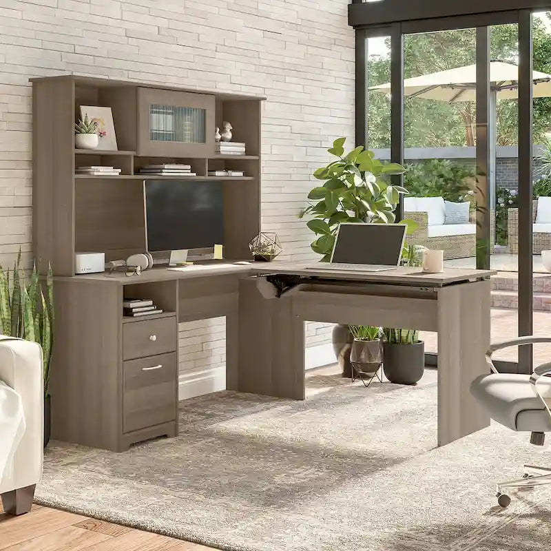 Scrivania angolare regolabile in altezza multicolore con credenza e cassettiera, 1 persona