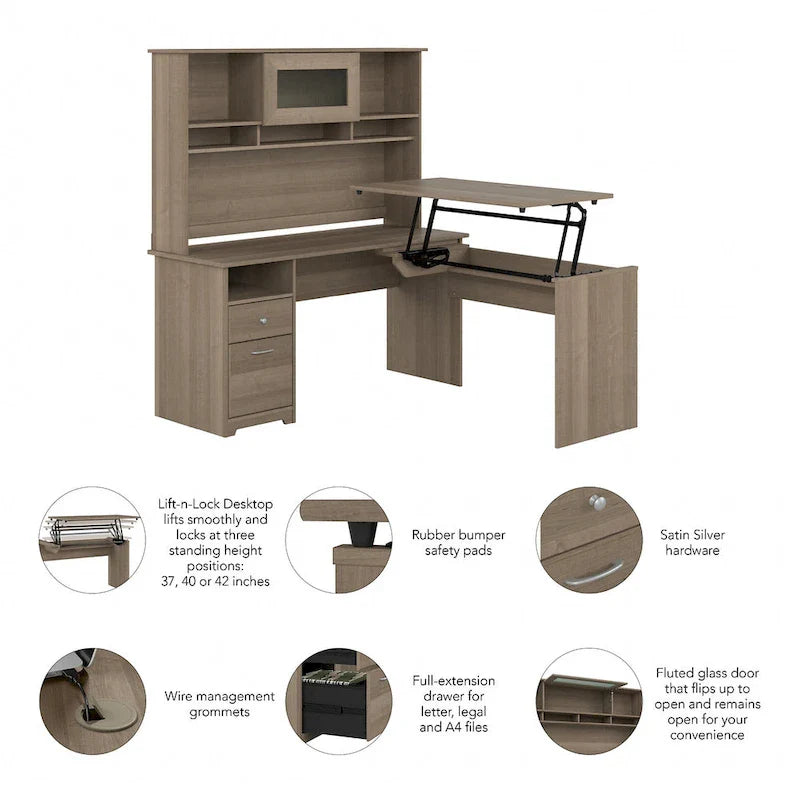 Scrivania angolare regolabile in altezza multicolore con credenza e cassettiera, 1 persona