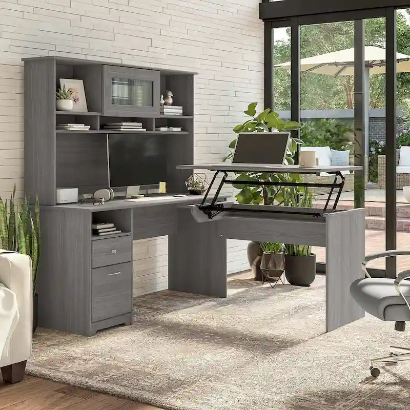 Scrivania angolare regolabile in altezza multicolore con credenza e cassettiera, 1 persona