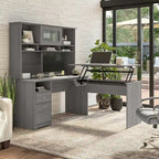 Scrivania angolare regolabile in altezza multicolore con credenza e cassettiera, 1 persona