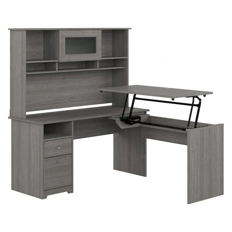 Scrivania angolare regolabile in altezza multicolore con credenza e cassettiera, 1 persona