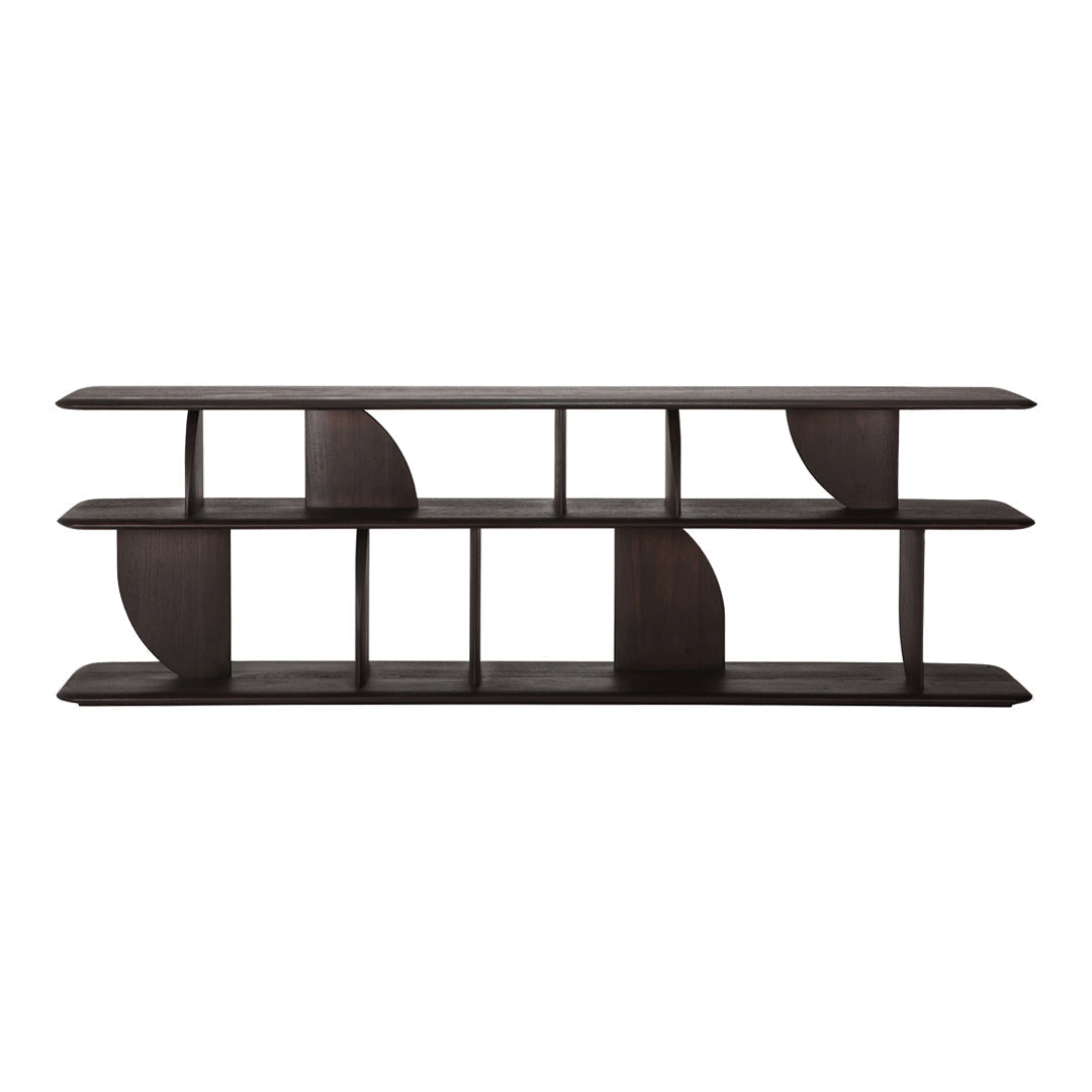 Consolle in teak geometrica e giocosa con angoli intersecanti di luci e ombre per l'ingresso