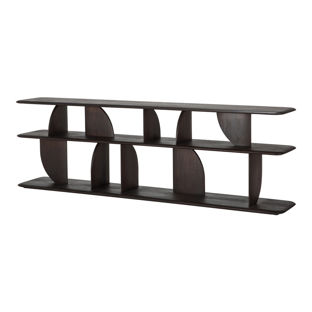 Consolle in teak geometrica e giocosa con angoli intersecanti di luci e ombre per l'ingresso