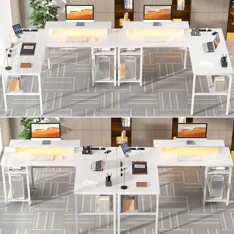 Scrivania a L, multi-colore, singola – ciabatta elettrica, LED RGB e supporto per monitor