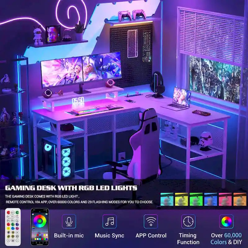 Scrivania a L, multi-colore, singola – ciabatta elettrica, LED RGB e supporto per monitor