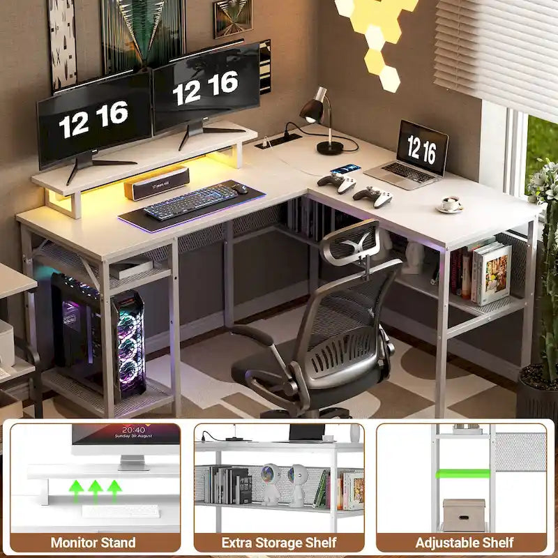 Scrivania a L, multi-colore, singola – ciabatta elettrica, LED RGB e supporto per monitor