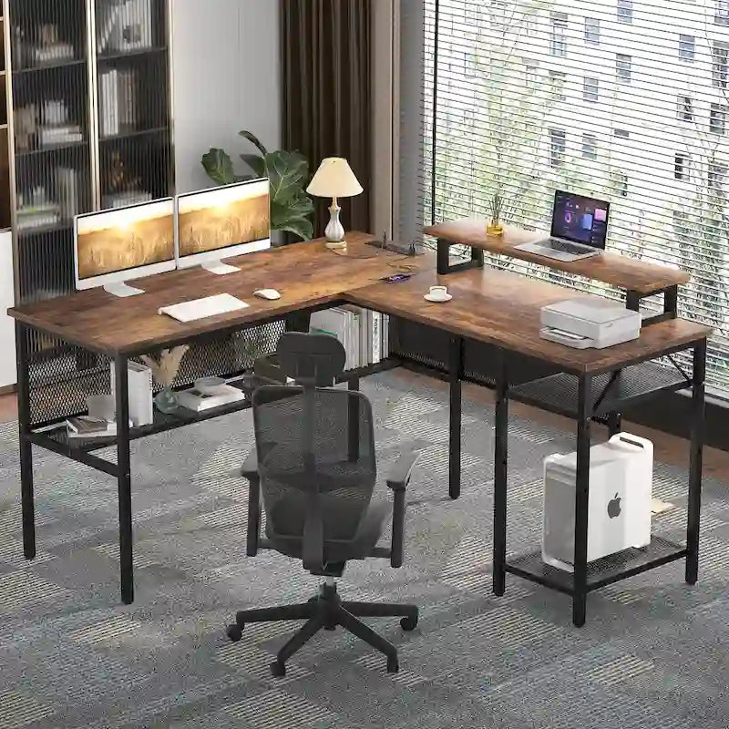 Scrivania a L, multi-colore, singola – ciabatta elettrica, LED RGB e supporto per monitor