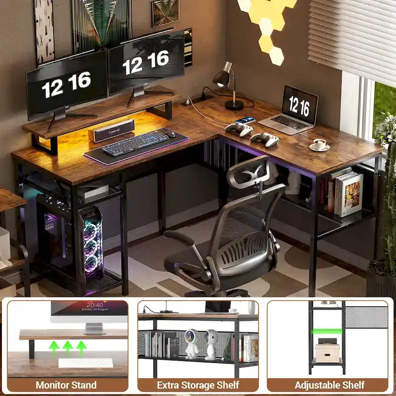 Scrivania a L, multi-colore, singola – ciabatta elettrica, LED RGB e supporto per monitor