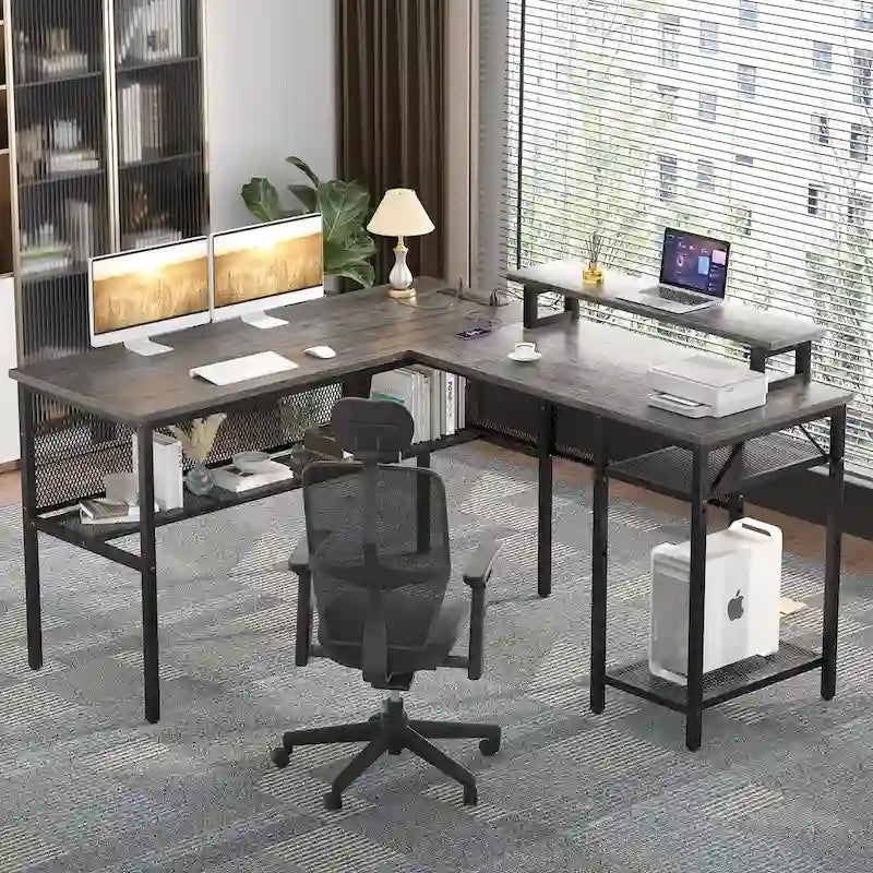 Scrivania a L, multi-colore, singola – ciabatta elettrica, LED RGB e supporto per monitor
