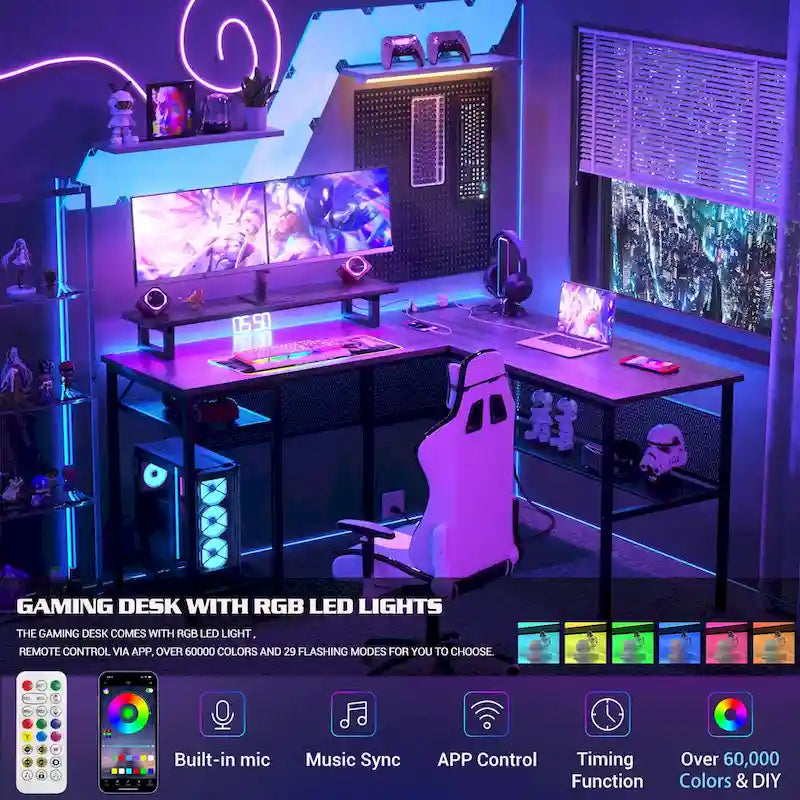 Scrivania a L, multi-colore, singola – ciabatta elettrica, LED RGB e supporto per monitor