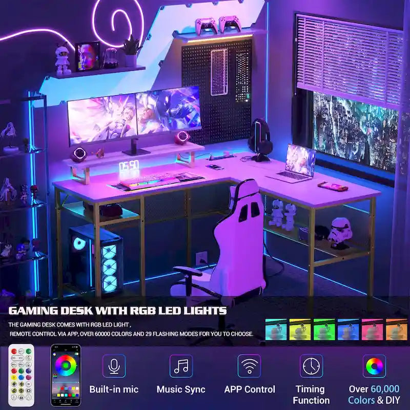 Scrivania a L, multi-colore, singola – ciabatta elettrica, LED RGB e supporto per monitor