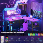 Scrivania a L, multi-colore, singola – ciabatta elettrica, LED RGB e supporto per monitor