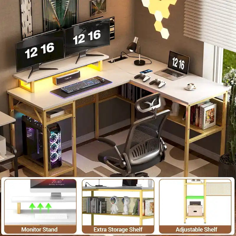 Scrivania a L, multi-colore, singola – ciabatta elettrica, LED RGB e supporto per monitor